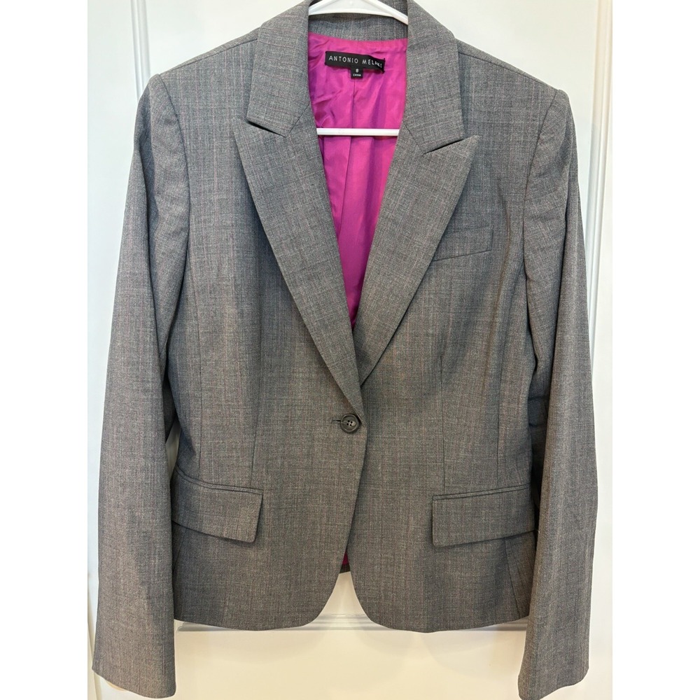 ANTONIO MELANI‎ Women's 1 Button Gray Pink Rock And Roll Blazer Size 8 NWT